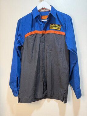 Harley Davidson Mens Colorblock Faded Distressed Blue Collar Work Shirt Red Kap